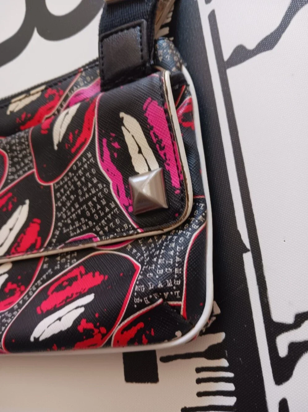 L.A.M.B Gwen Stefani Vintage .Black Lip-Print Crossbody Bag with Silver Hardware